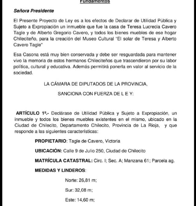 Tras el fallecimiento de la profe Teresa Cavero, el diputado Klor presentó proyecto de ley para expropiar su casa y crear un museo cultural