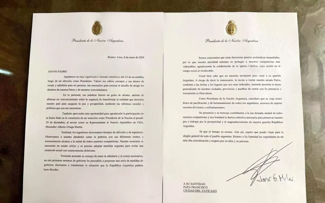 En una carta al Papa Francisco, Milei agradeció la colaboración de la Iglesia Católica y destacó la necesidad de proteger a los vulnerables
