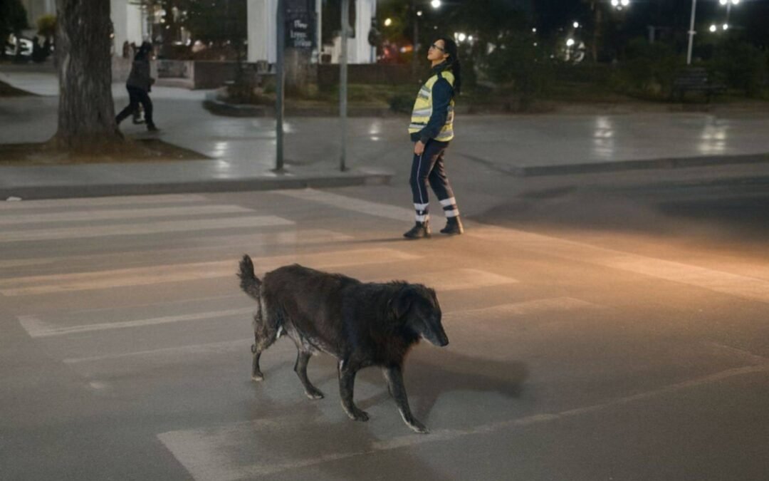 En Cerrillos, Salta, una policía detuvo el tránsito para que la perrita «la negra» cruzara la calle segura