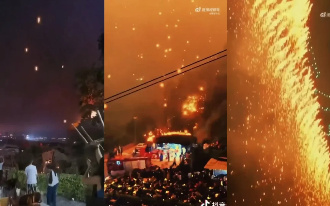 China: caos en un show de drones y fuegos artificiales, que terminó con un bosque incendiado