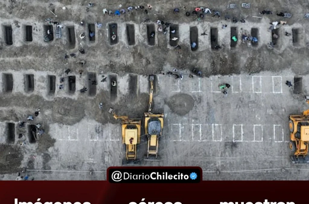 Imágenes aéreas muestran excavación de decenas de tumbas durante funeral de niños muertos en ataque a escuela en Irak.