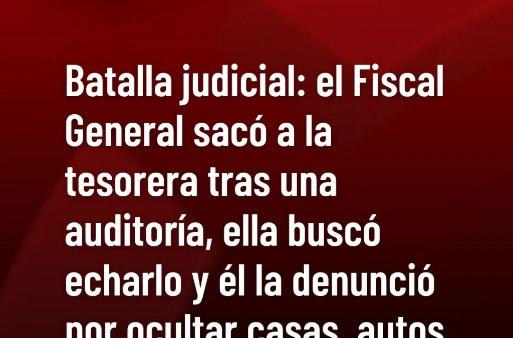 Batalla judicial: el Fiscal General sacó a la tesorera tras una auditoría, ella buscó echarlo y él la denunció por ocultar casas, autos y nivel de vida.