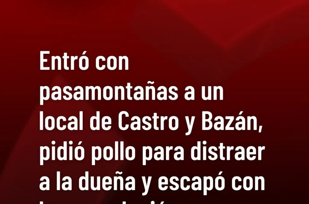 Entró con pasamontañas a un local de Castro y Bazán, pidió pollo para distraer a la dueña y escapó con la recaudación.